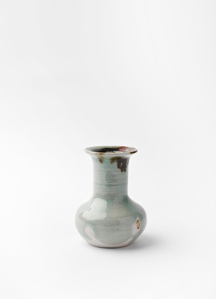Small Long Neck Vase with Lip  •  Celedon glaze with Iron Oxide